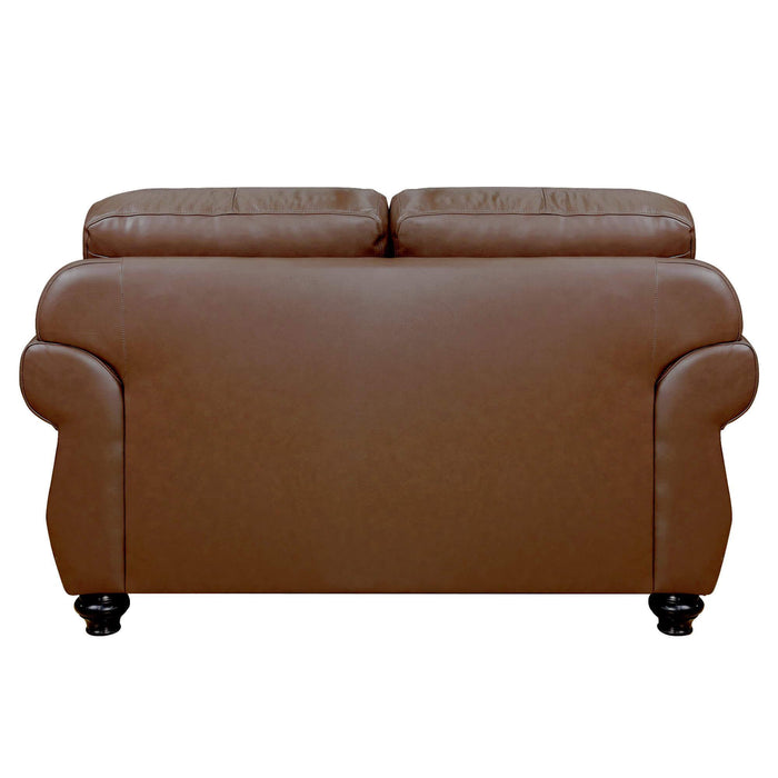 Sunset Trading Charleston 63" Wide Top Grain Leather Loveseat | Chestnut Brown Rolled Arm Small Couch with Nailheads