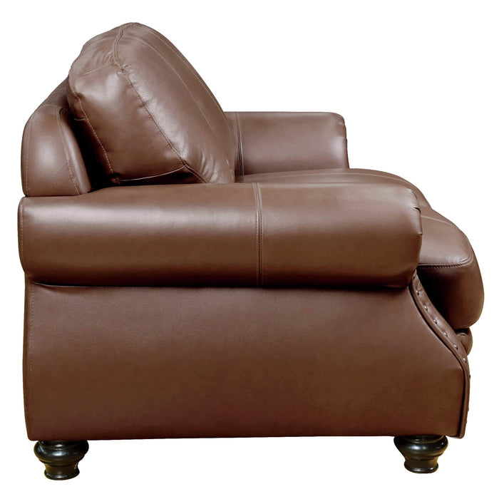Sunset Trading Charleston 63" Wide Top Grain Leather Loveseat | Chestnut Brown Rolled Arm Small Couch with Nailheads