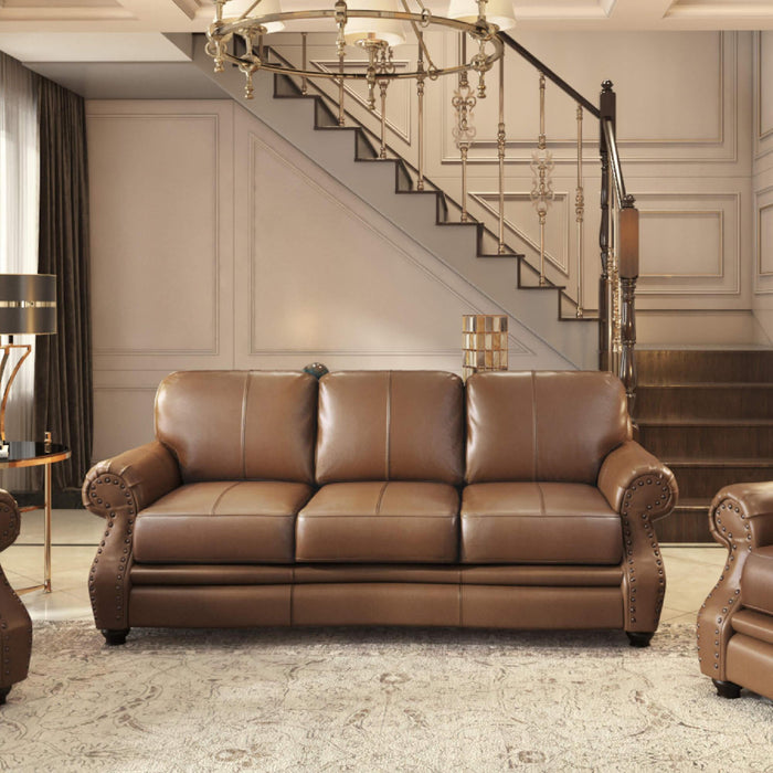 Sunset Trading Charleston 86" Wide Top Grain Leather Sofa | Chestnut Brown 3 Seater Rolled Arm Couch with Nailheads
