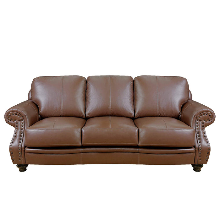 Sunset Trading Charleston 86" Wide Top Grain Leather Sofa | Chestnut Brown 3 Seater Rolled Arm Couch with Nailheads