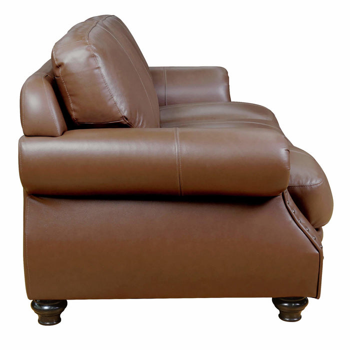 Sunset Trading Charleston 86" Wide Top Grain Leather Sofa | Chestnut Brown 3 Seater Rolled Arm Couch with Nailheads