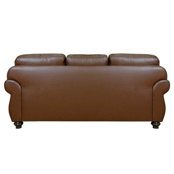 Sunset Trading Charleston 86" Wide Top Grain Leather Sofa | Chestnut Brown 3 Seater Rolled Arm Couch with Nailheads