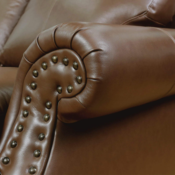 Sunset Trading Charleston 86" Wide Top Grain Leather Sofa | Chestnut Brown 3 Seater Rolled Arm Couch with Nailheads