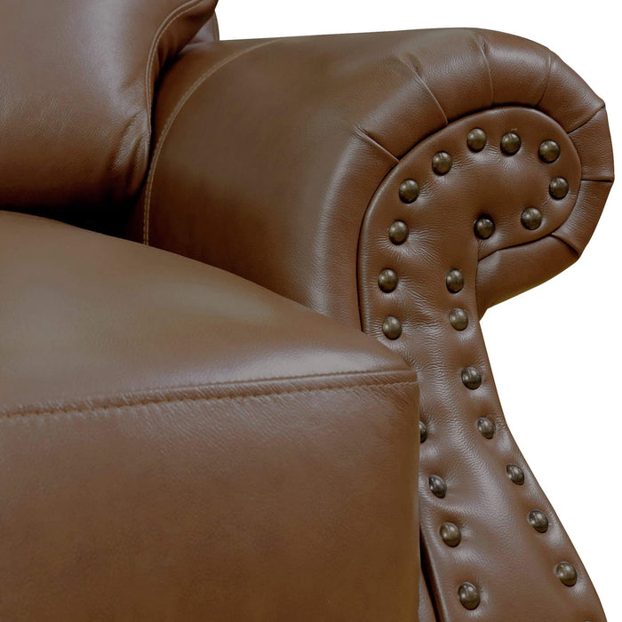 Sunset Trading Charleston 86" Wide Top Grain Leather Sofa | Chestnut Brown 3 Seater Rolled Arm Couch with Nailheads