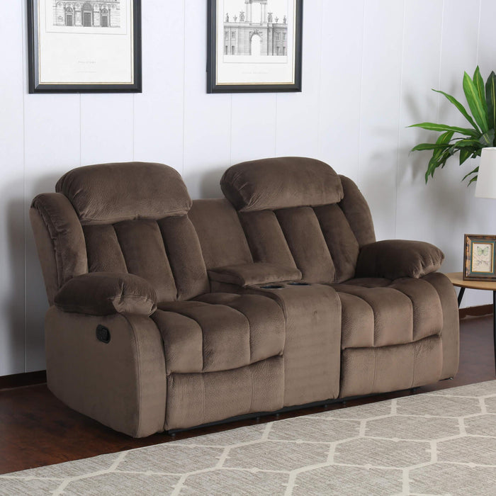 Sunset Trading Teddy Bear Reclining Loveseat with Console Storage, Cupholders | Two Manual Recliners | Brown Fabric