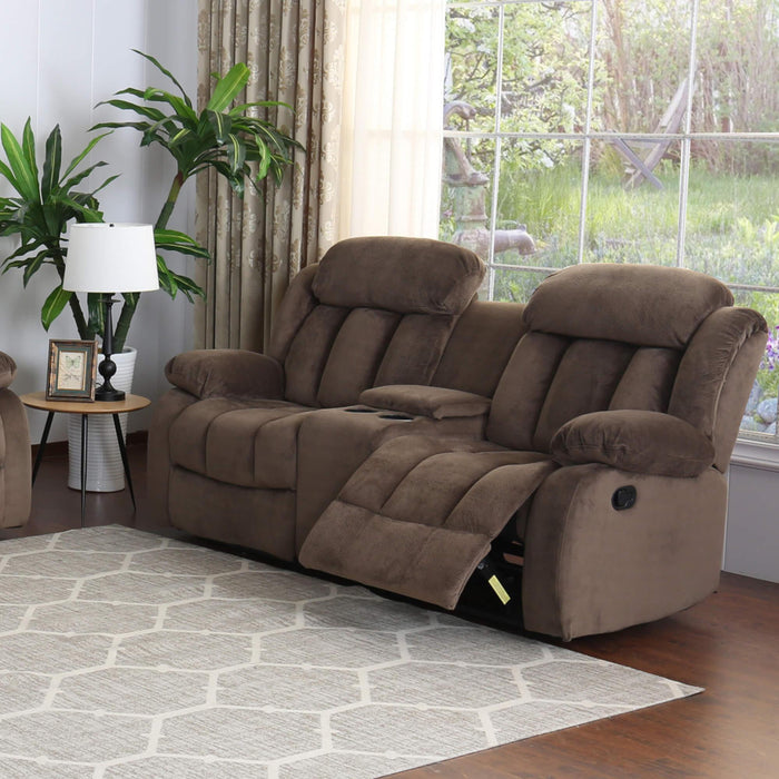 Sunset Trading Teddy Bear Reclining Loveseat with Console Storage, Cupholders | Two Manual Recliners | Brown Fabric