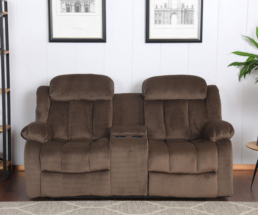 Sunset Trading Teddy Bear Reclining Loveseat with Console Storage, Cupholders | Two Manual Recliners | Brown Fabric
