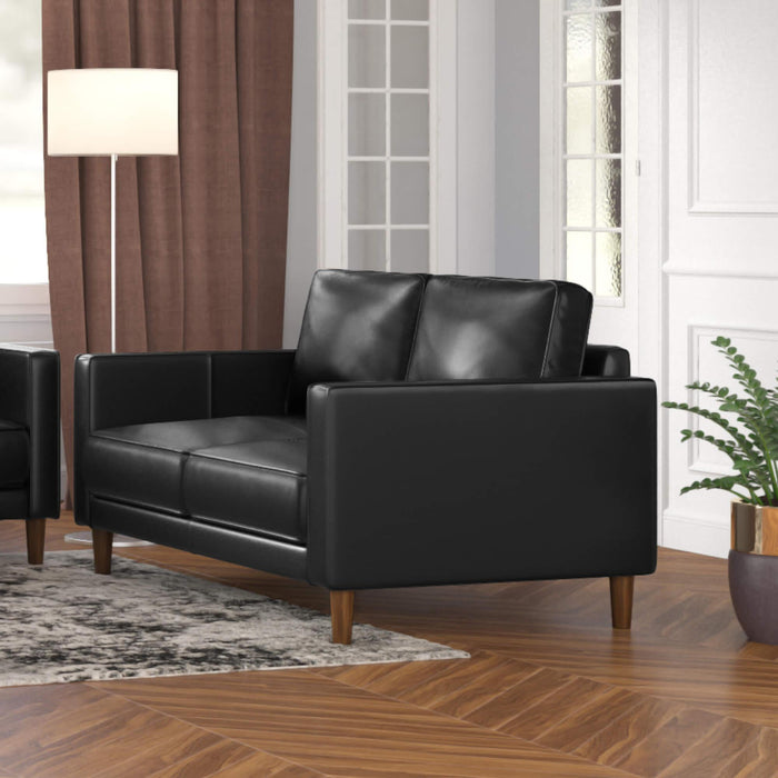 Sunset Trading Prelude 55" Wide Black Top Grain Leather Loveseat | Mid Century Modern Small Couch