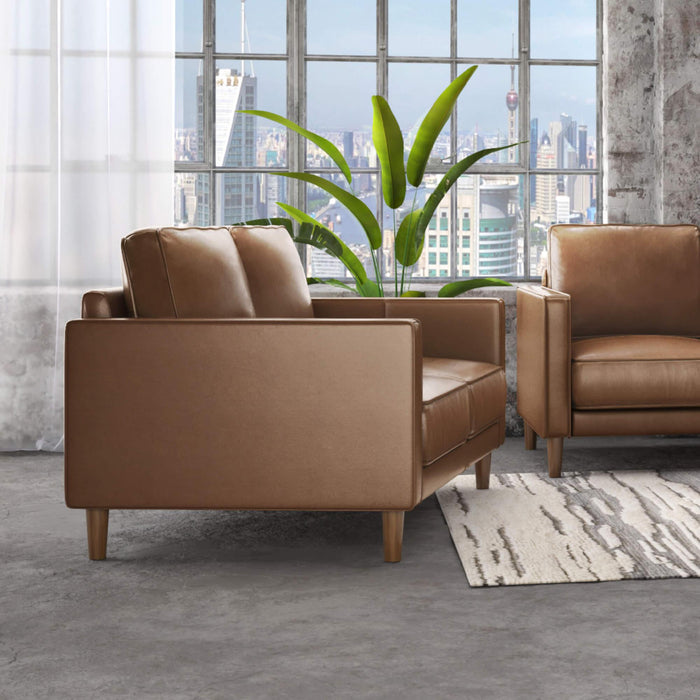 Sunset Trading Prelude 55" Wide Top Grain Leather Loveseat | Chestnut Brown | Mid Century Modern Small Couch