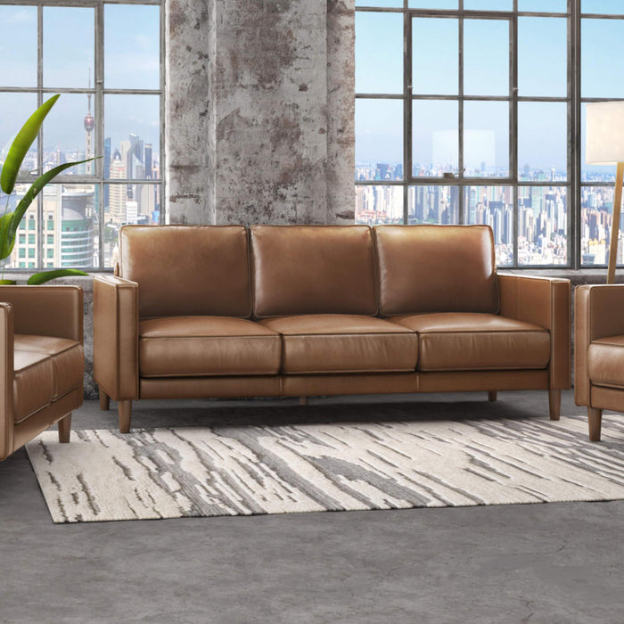 Sunset Trading Prelude 79" Wide Top Grain Leather Sofa | Chestnut Brown | Mid Century Modern 3 Seater Couch