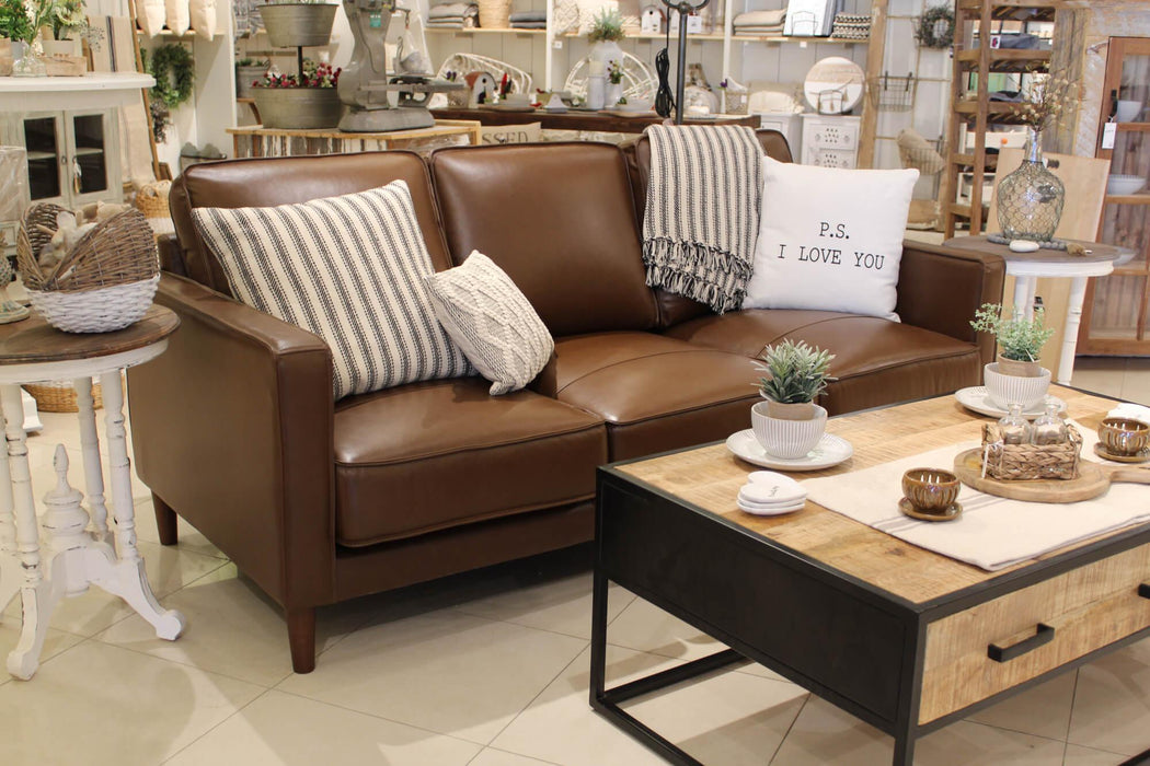 Sunset Trading Prelude 79" Wide Top Grain Leather Sofa | Chestnut Brown | Mid Century Modern 3 Seater Couch