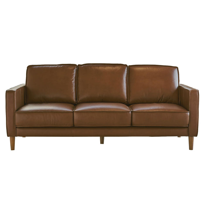 Sunset Trading Prelude 79" Wide Top Grain Leather Sofa | Chestnut Brown | Mid Century Modern 3 Seater Couch